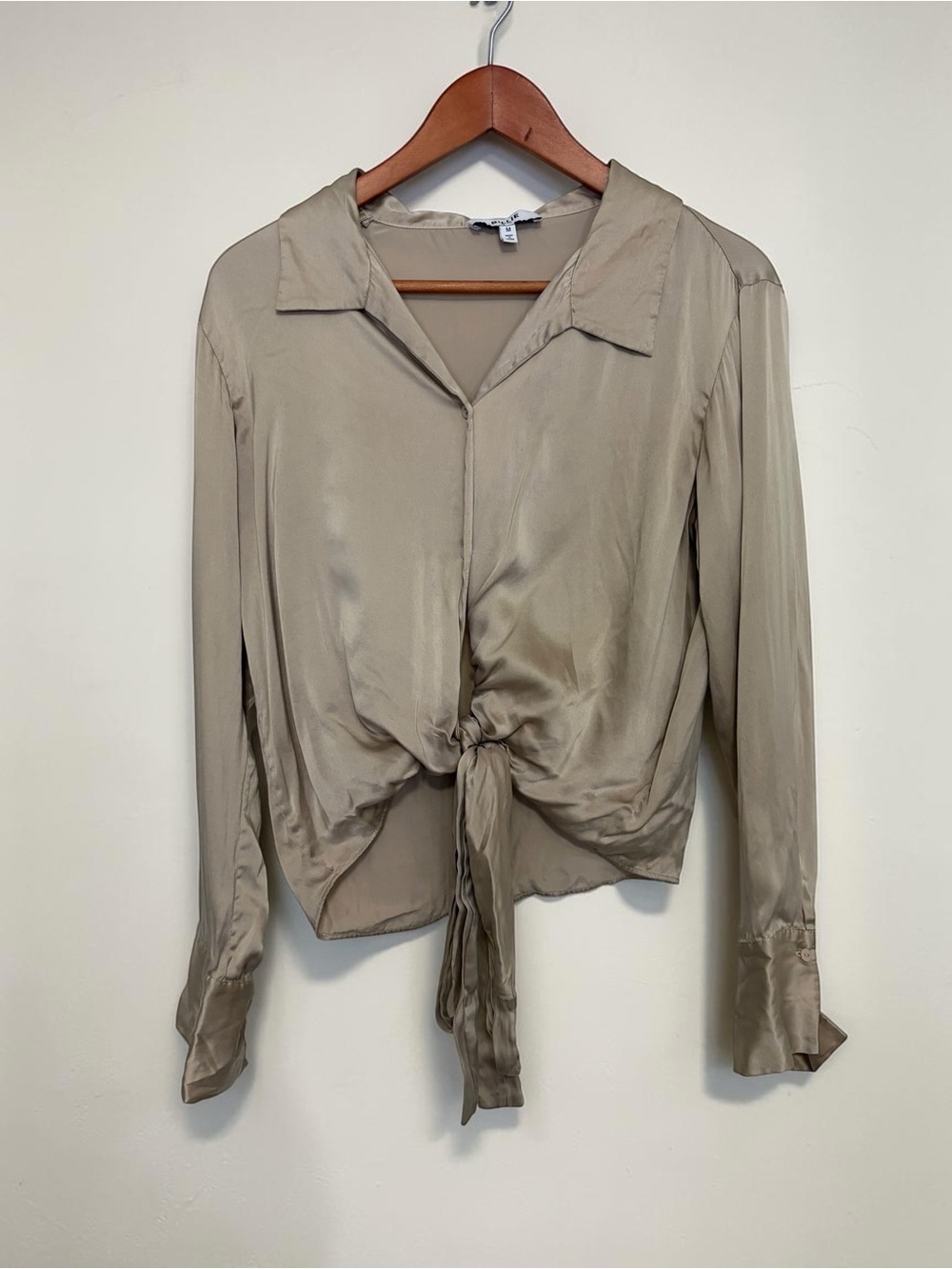 Billie the Label 100% Silk Front Tie Blouse Medium Champagne Taupe Long Sleeve